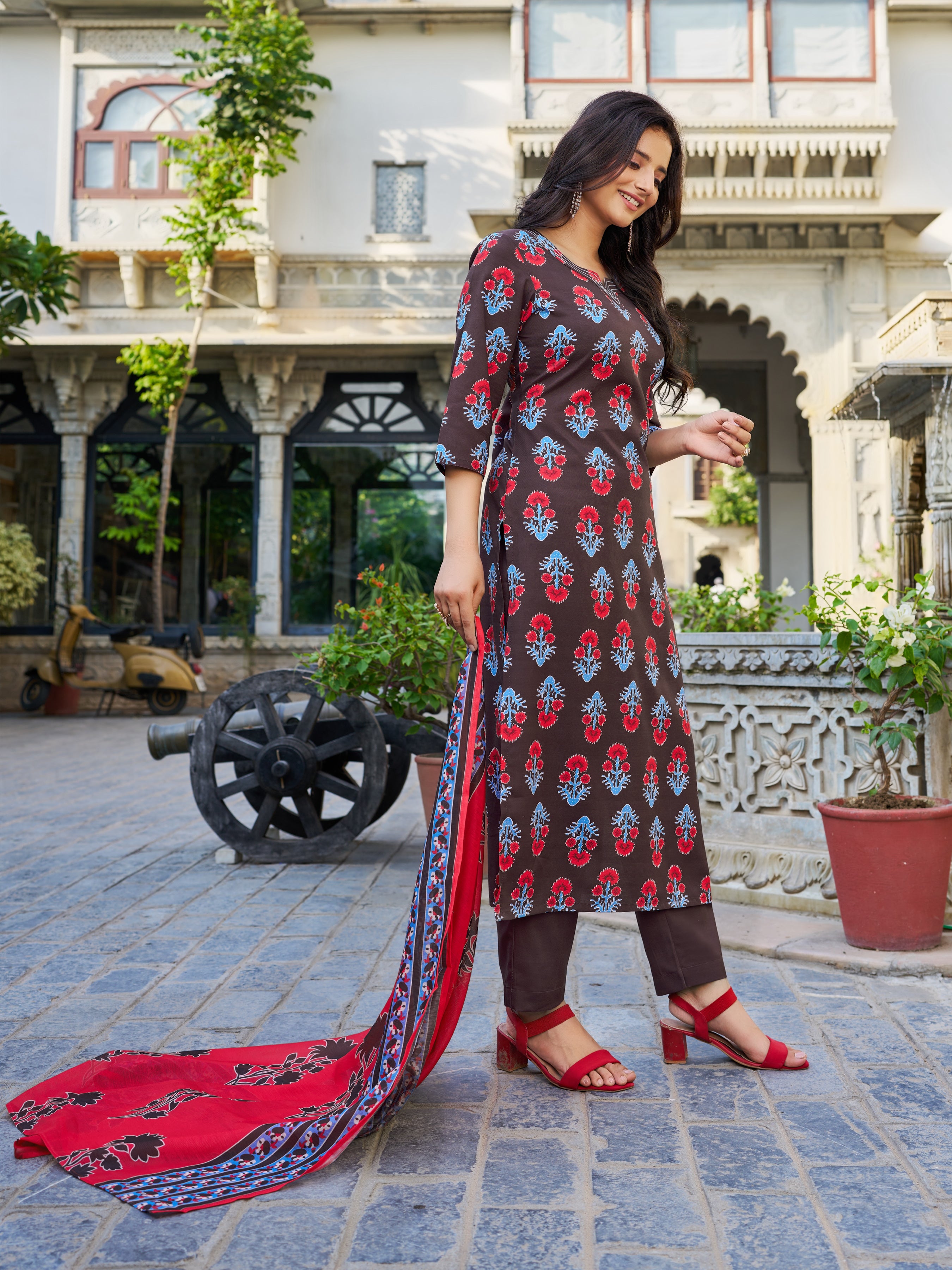 Brown Floral Printed Kurta Pant Dupatta Set - VibeVision