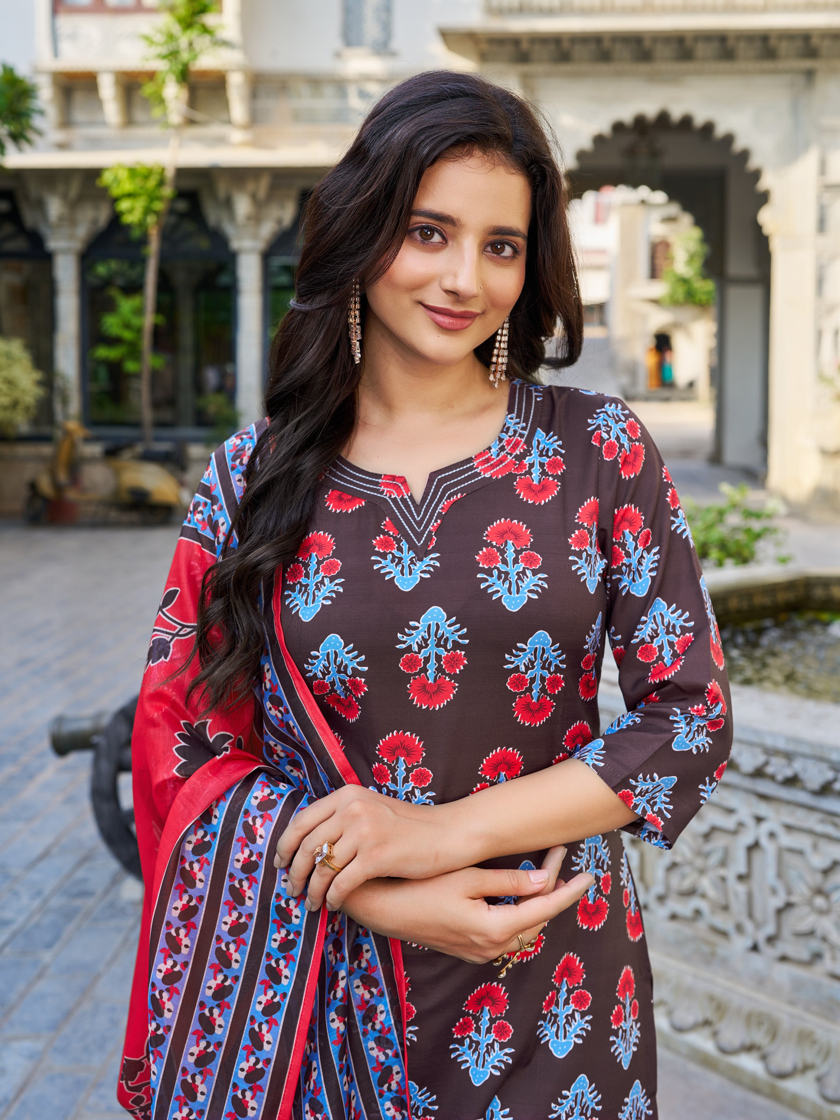 Brown Floral Printed Kurta Pant Dupatta Set - VibeVision