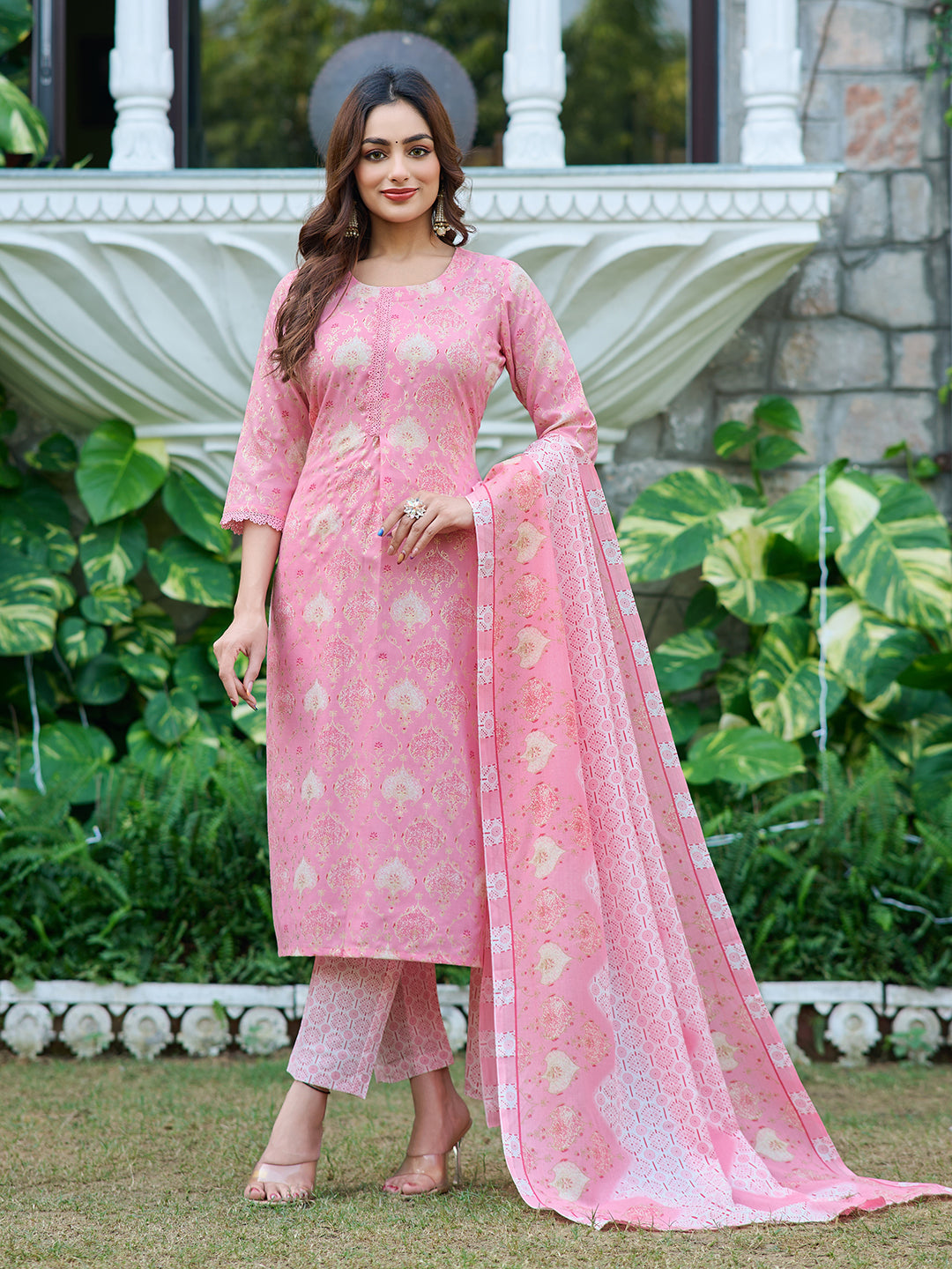 Vibe Vision Pink Silk Blend Printed Festive   Kurta Sets For Women