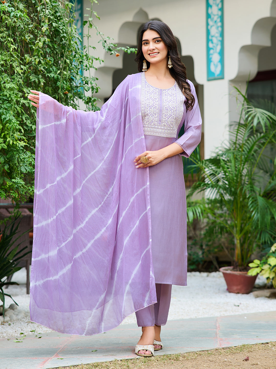 Vibe Vision Purple Silk Blend Printed Festive   Kurta Sets For Women