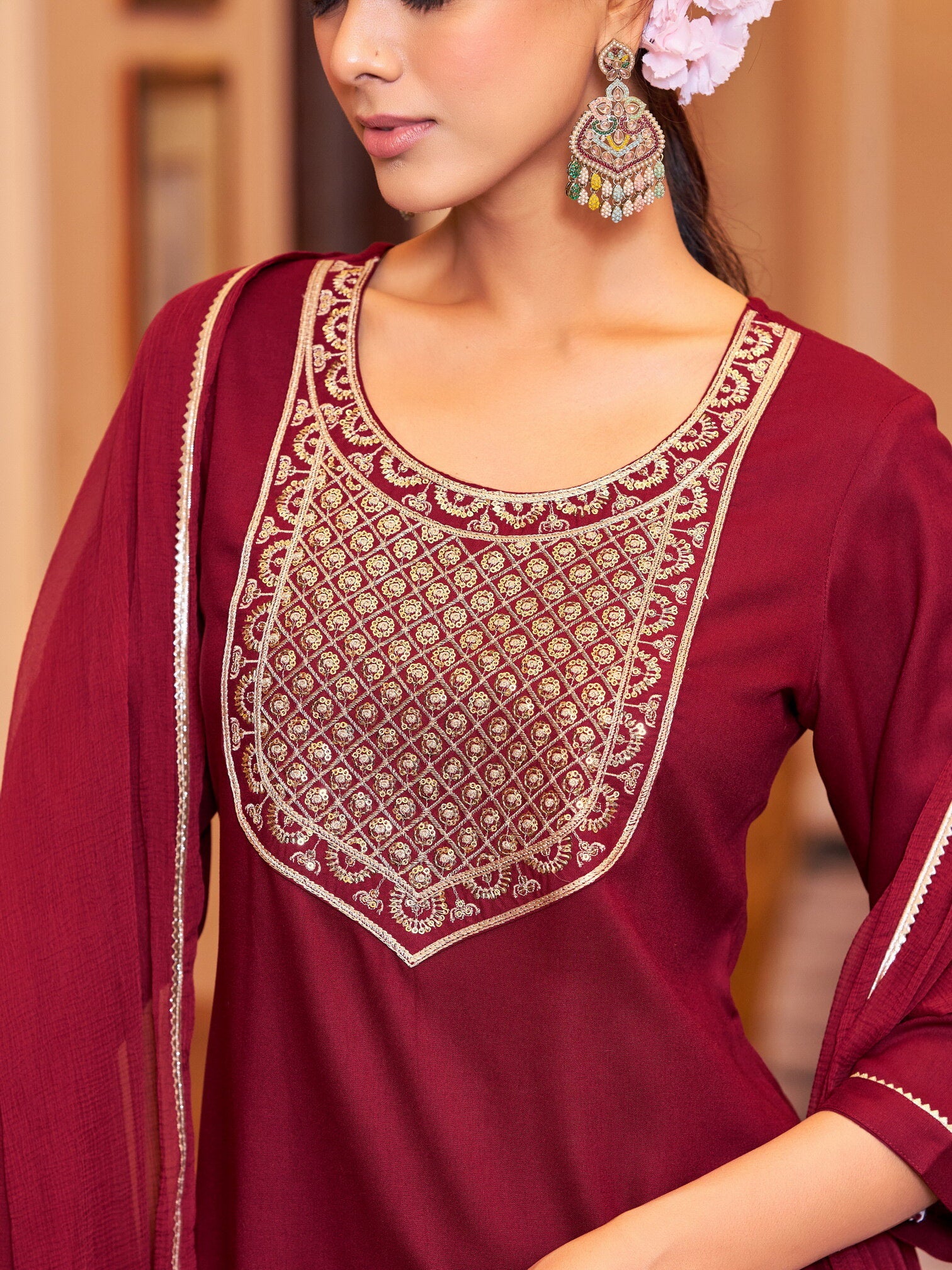 Maroon Viscose Rayon Self-Design Kurta Set for Women Festive Wear Vibe Vision