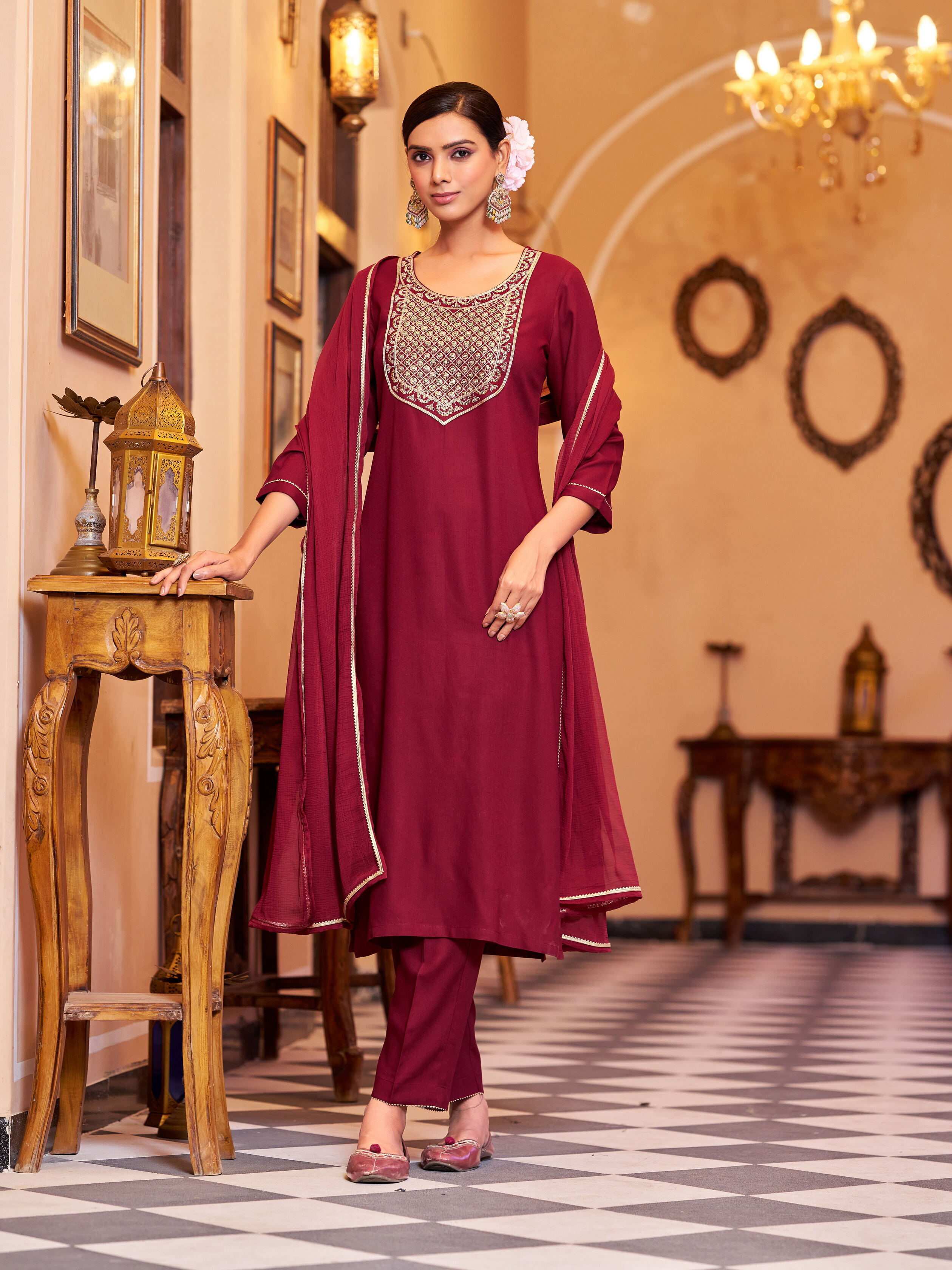 Maroon Viscose Rayon Self-Design Kurta Set for Women Festive Wear Vibe Vision